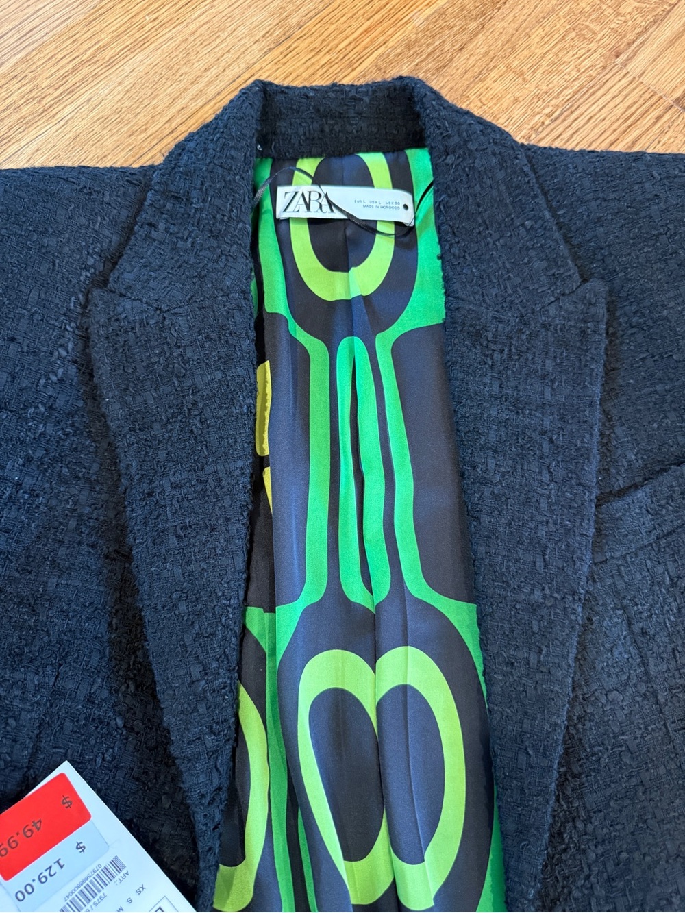 Zara Black Tweed Blazer with Green Patterned Lining
